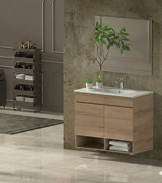 Mueble de baño suspendido NEBARI con puertas y lavabo extraplano